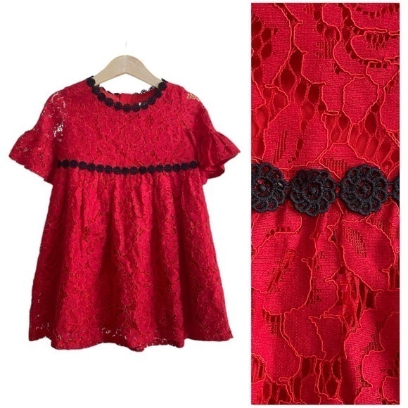 kate spade Other - Kate Spade Red Black Lace Ruffle Sleeve Dress